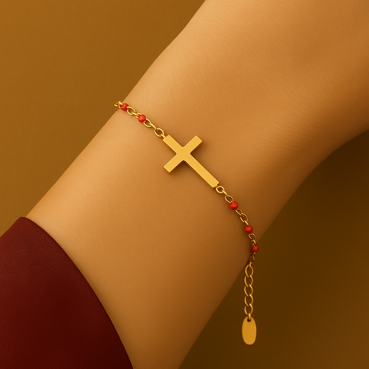 Bracelet Croix Dorée – Perles Fines & Chaîne Ornée | DIVINÉO