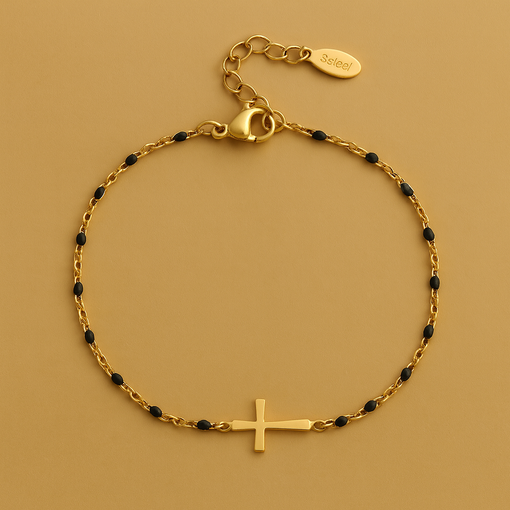 Bracelet Croix Dorée – Perles Fines & Chaîne Ornée | DIVINÉO