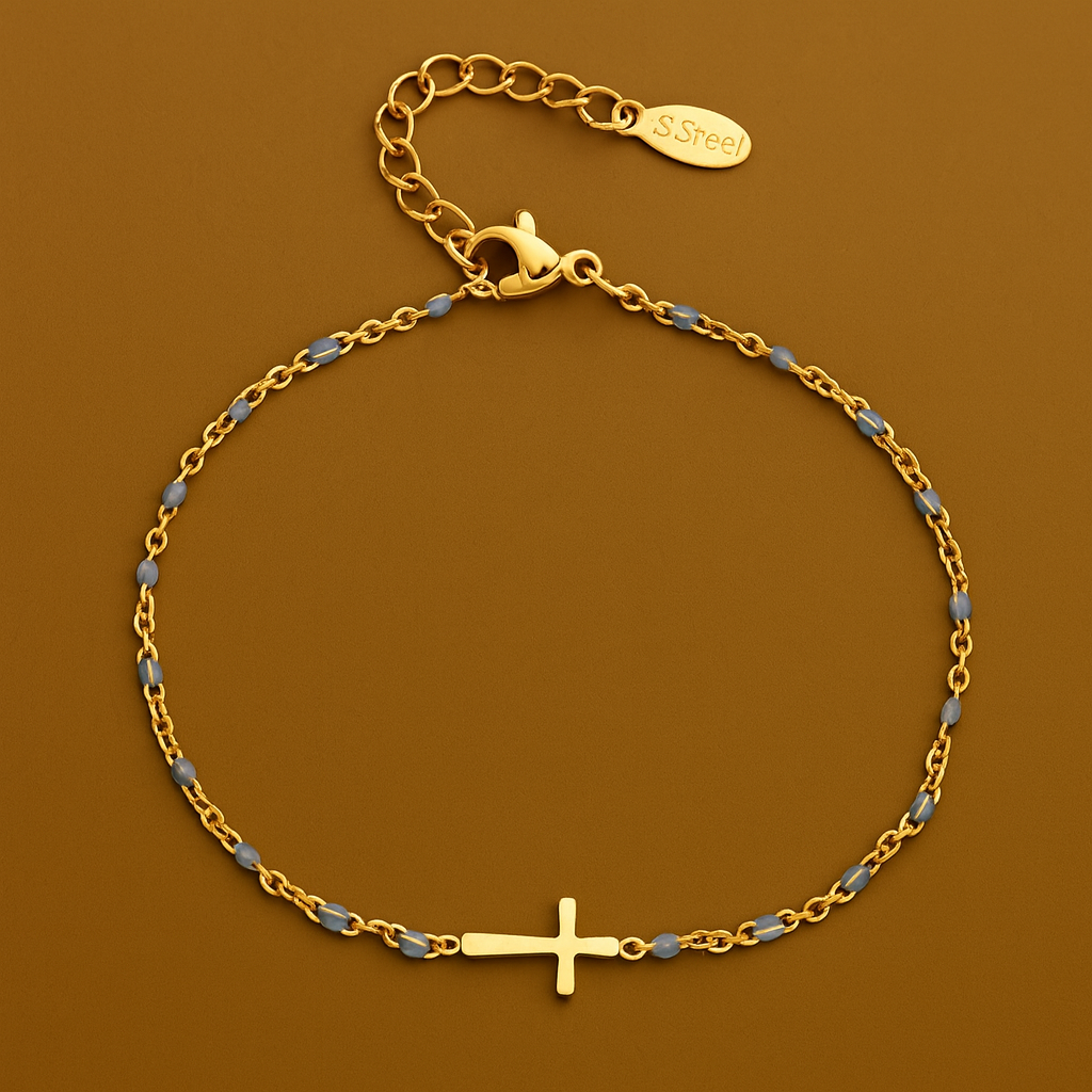 Bracelet Croix Dorée – Perles Fines & Chaîne Ornée | DIVINÉO
