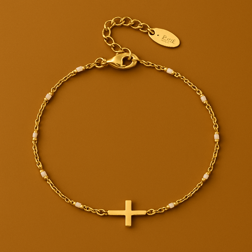 Bracelet Croix Dorée – Perles Fines & Chaîne Ornée | DIVINÉO