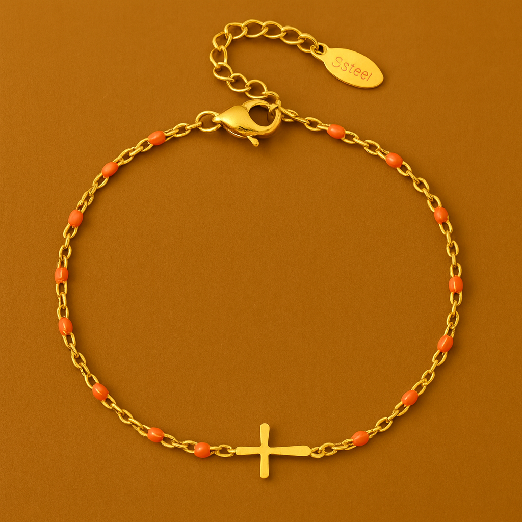 Bracelet Croix Dorée – Perles Fines & Chaîne Ornée | DIVINÉO