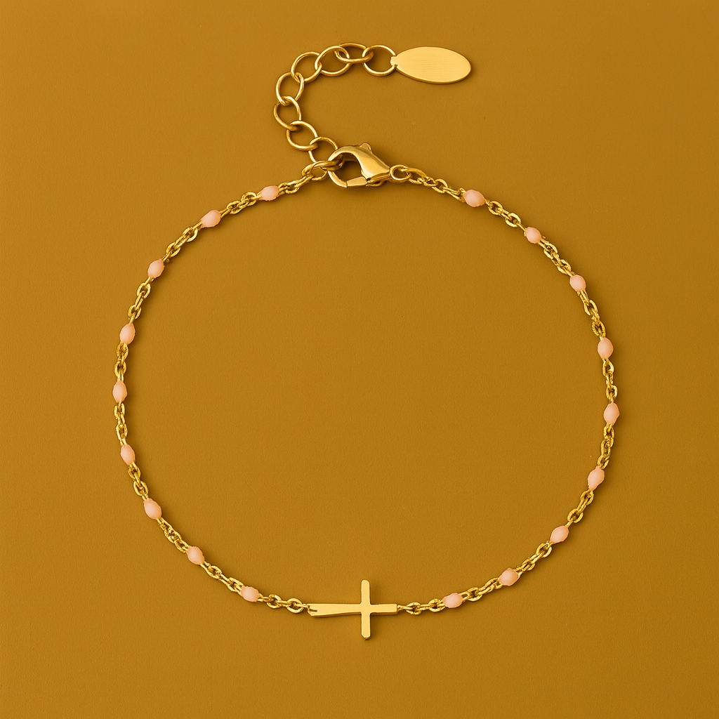 Bracelet Croix Dorée – Perles Fines & Chaîne Ornée | DIVINÉO